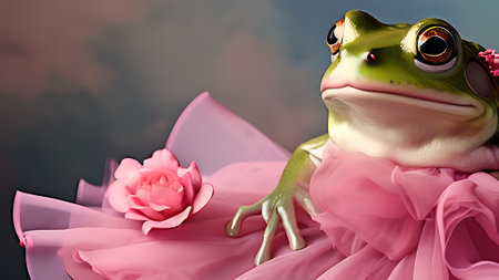 3d illustration of a green frog in a pink dress with a flower. generated by AIの素材