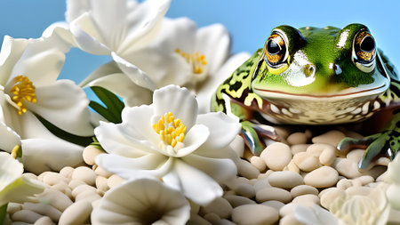 Green frog on white pebbles with jasmine flowers. generated by AIの素材