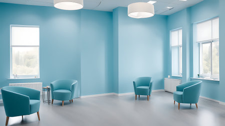 Interior of blue hospital waiting room with blue walls, concrete floor, blue armchairs and round tables. 3d rendering. generated by AIの素材