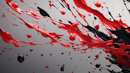 3d render of red and black paint splashes on gray background. ai generatedの素材