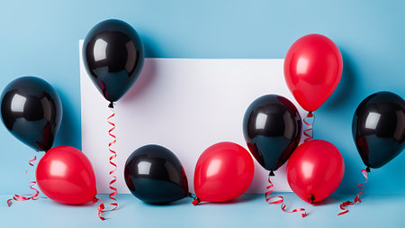 Red and black balloons with white sheet of paper on blue background. generated by AIの素材