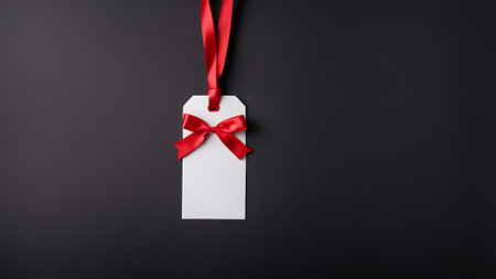 Blank price tag with red ribbon on black background, top view. generated by AIの素材