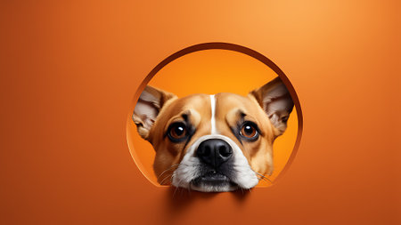 Cute dog peeking out of a hole in orange background. generated by AIの素材