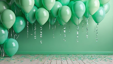 Green balloons with ribbons and confetti on the floor. 3d rendering. generated by AIの素材