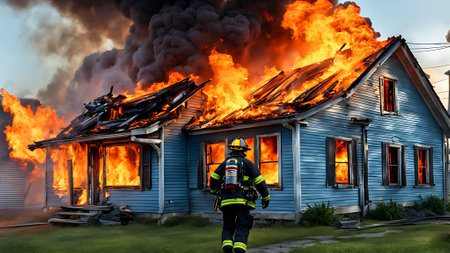 Firefighters fighting a fire in a burning house. Firefighters fighting a fire.. generated by AIの素材
