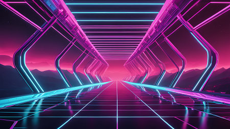 Futuristic tunnel corridor with glowing neon lights, 3d rendering. generated by AIの素材