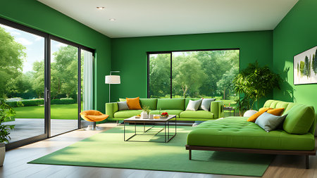 Green living room with green sofa, coffee table, coffee table and garden view. 3d rendering. generated by AIの素材