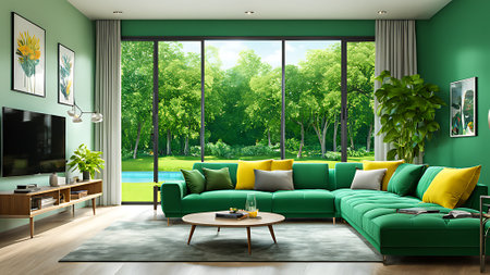 Green living room interior with green sofa and coffee table - 3d rendering. generated by AIの素材