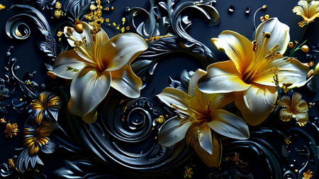 3d illustration, black background with yellow lilies and pearls. generated by AIの素材