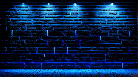 Blue illuminated brick wall with wooden floor and spotlights. 3d render. generated by AIの素材