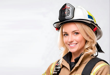 Portrait of a smiling firewoman wearing a safety helmet and looking at the camera. generated by AIの素材