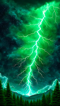 Thunderstorm lightning in the night sky over the forest and mountains.. generated by AIの素材