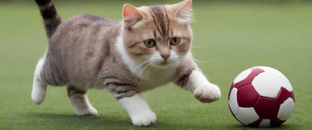British Shorthair cat playing with a soccer ball on green grass. generated by AIの素材