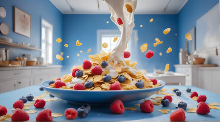 Pouring milk into a bowl with cornflakes and berries.. generated by AIの素材