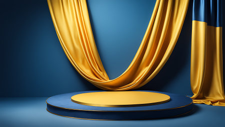 Blue podium with gold drapery and curtains, 3d render. generated by AIの素材