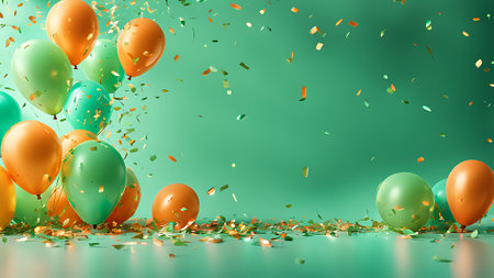 Colorful balloons and confetti on green background. 3d rendering. generated by AIの素材