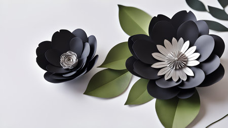 Black paper flowers on a white background. 3d rendering, 3d illustration. .generated by AIの素材