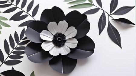 Paper flower made of black and white paper with leaves on white background .generated by AIの素材