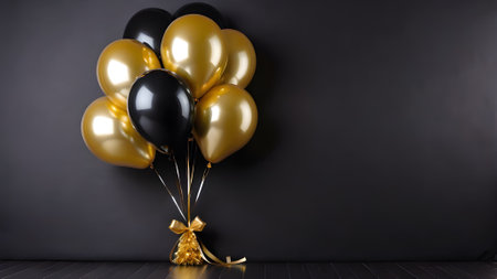 Black and gold balloons with golden ribbon on black background. 3D Rendering. generated by AIの素材