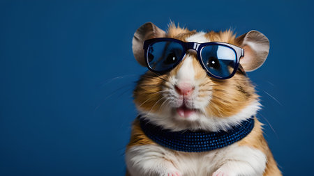 Funny pet hamster wearing sunglasses and bow tie on blue background. generated by AIの素材