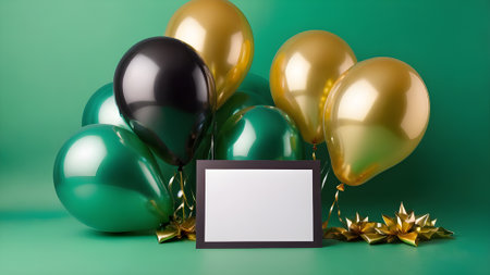 Black and gold balloons and blank photo frame on green background. 3D Rendering. generated by AIの素材