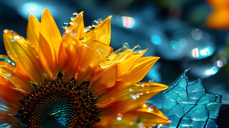 Sunflower with drops of water on the background of bokeh. generated by AIの素材