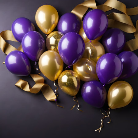 Purple and golden balloons with ribbons on a black background.. generated by AIの素材
