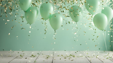 Green balloons and confetti on white wooden table. Festive background. generated by AIの素材