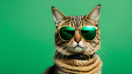 Portrait of a beautiful cat in green sunglasses on a green background.. generated by AIの素材