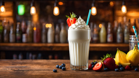 Milkshake with strawberries and blueberries on a wooden background.. generated by AIの素材