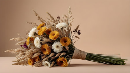 bouquet of dried flowers on a beige background, copy space. generated by AIの素材