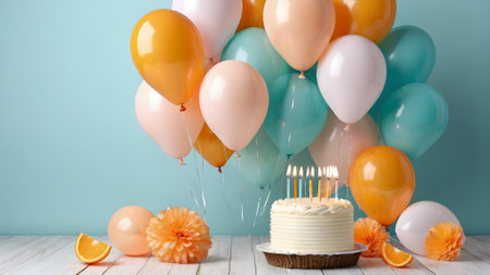 Birthday cake with candles and balloons on wooden table against color wall. generated by AIの素材