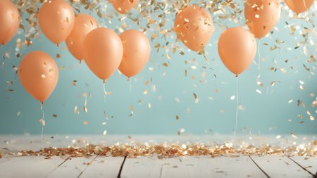 Festive background with orange balloons and confetti on a blue background. generated by AIの素材