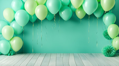 Green and turquoise balloons on wooden floor. 3d rendering. generated by AIの素材