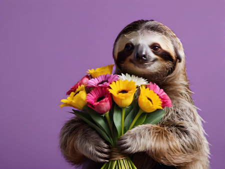 Sloth with a bouquet of flowers on a purple background.. generated by AI.の素材