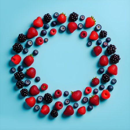 Creative layout made of fresh berries on blue background. Flat lay, top view.. generated by AI.の素材