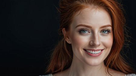 portrait of beautiful young redhead woman smiling at camera isolated on black. generated by AI.の素材