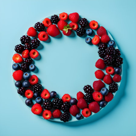 Top view of round blue plate with fresh berries on blue background.. generated by AI.の素材