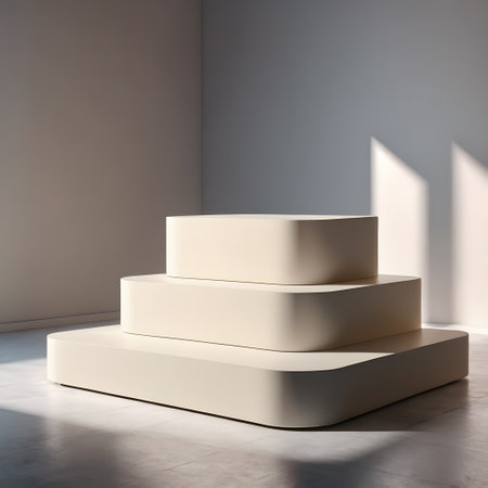 3D render of a white pedestal in a room with a shadow on the wall. generated by AI.の素材