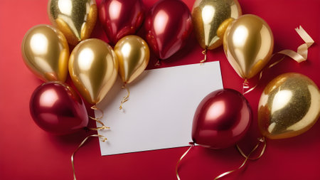 Valentine's day background with red and gold heart-shaped balloons and blank paper card. generated by AI.の素材