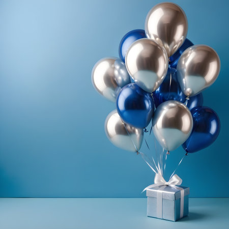 Blue and silver balloons with gift box on blue background. 3D Rendering. generated by AI.の素材