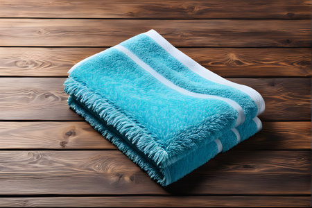 Blue towel on a wooden background. Towel on a wooden background.. generated by AI.の素材