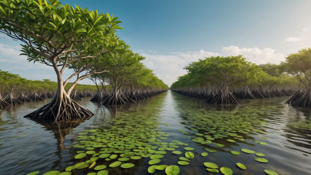 Mangrove trees growing in the water of a river.. generated by AI.の素材