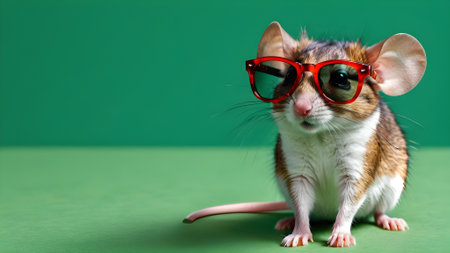 Cute pet rat with red sunglasses on green background, space for text. generated by AI.の素材