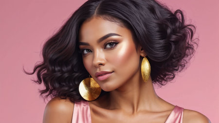 Portrait of a beautiful young Asian woman with long curly hair and gold earrings. generated by AI.の素材