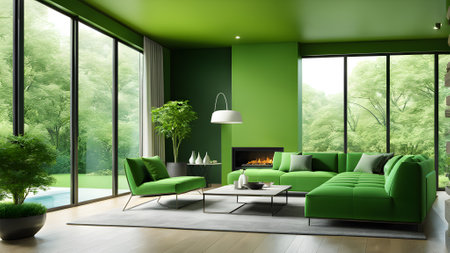 Green living room with fireplace and green sofa. 3d rendering.. generated by AI.の素材