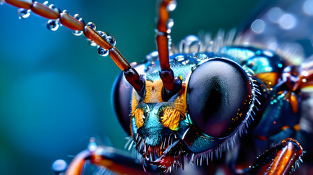 Macro shot of the head of a beetle with water droplets. generated by AI.の素材