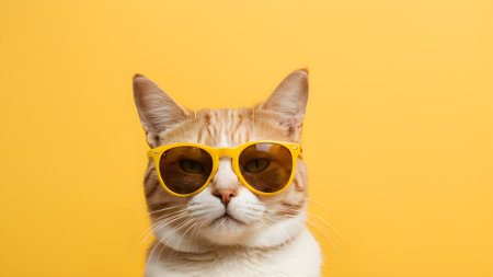 Portrait of a red cat wearing yellow sunglasses on a yellow background. generated by AI.の素材