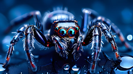 Spider with blue eyes on a dark background. 3d illustration.. generated by AI.の素材