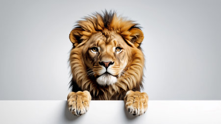 Lion on a white banner in front of a gray background.. generated by AI.の素材